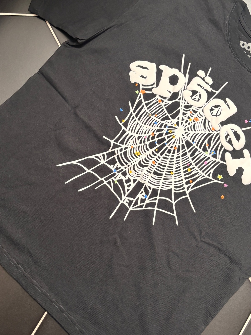 Black Short-Sleeve Graphic Tee with White Spiderweb Design Sp5der OG Web T Shirt